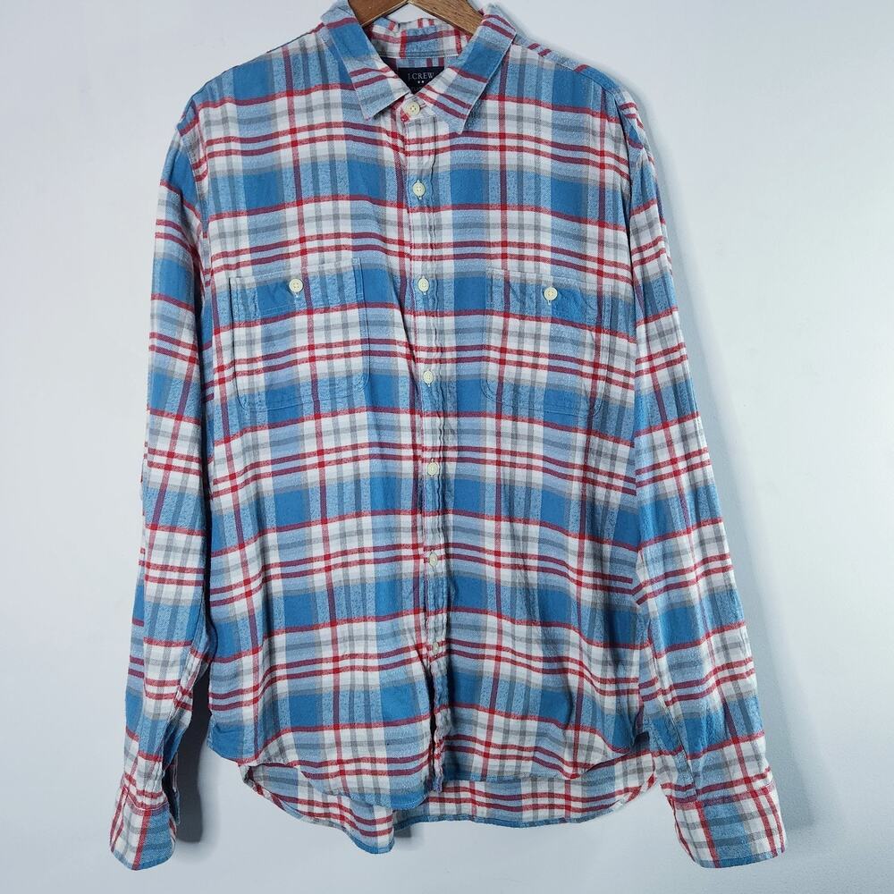 J. Crew Mens Light Blue Plaid Flannel Button Up Shirt Size XL Western Workwear